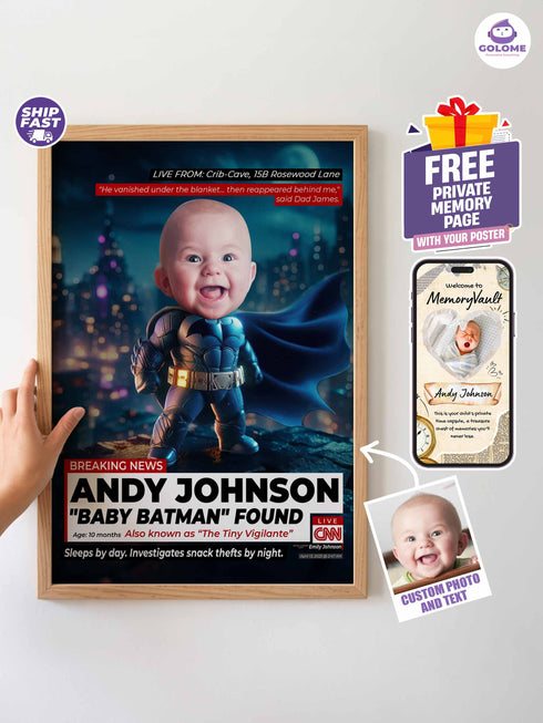 Custom Baby News Poster – Personalized Baby Bat Hero Wall Art